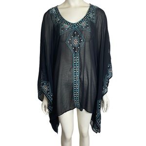 MONORENO Black Sheer Turquoise Blue Embroidery Swim Cover-Up M